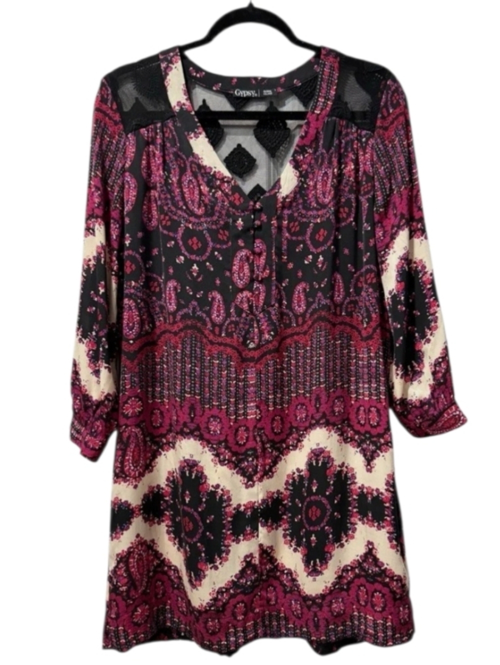 Gypsy 05 Silk Boho Pink Black Paisley Floral V-neck Mini Dress Lace Back Size S. - Picture 2 of 14